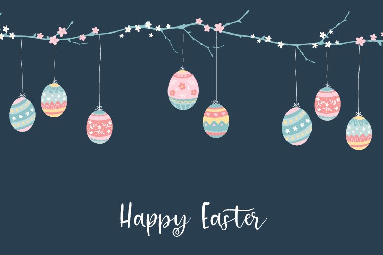 Abbildung: Grusskarten Ostern - Schriftzug Happy Easter mit bunten Eiern, die darüber an Ast hängen